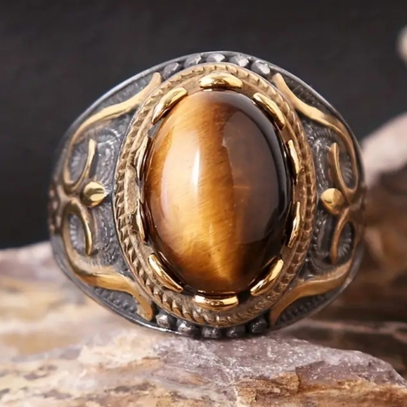 Men's Gold and Brown Tiger Eye Ring Sz 10 - Picture 5 of 13